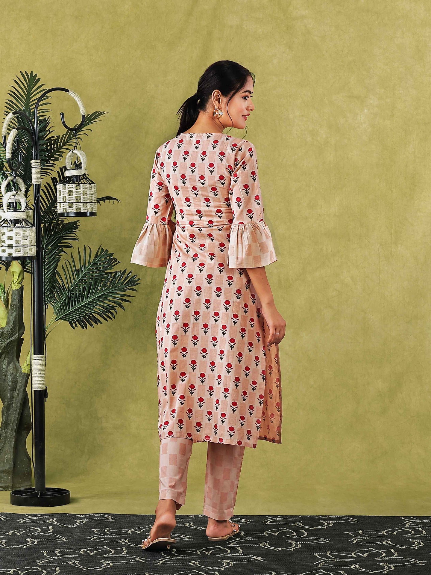 Peach Floral Printed Flared Sleeve Women Kurta Set with Embroidery at Yoke